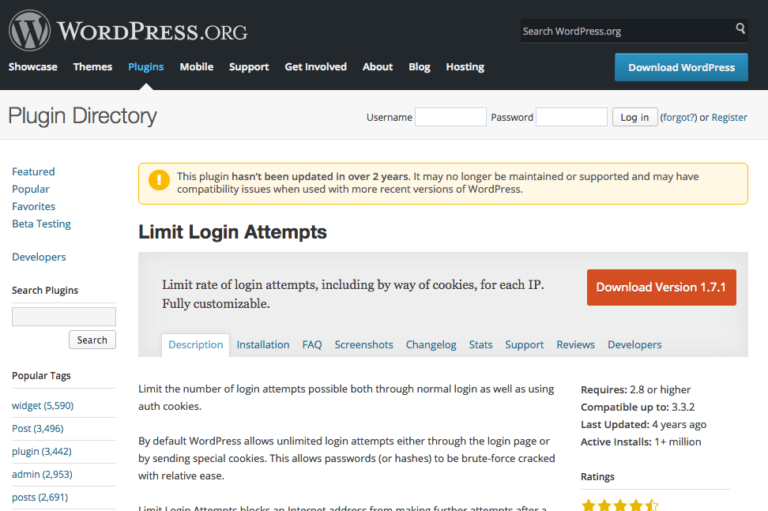 ログインの試行回数を制限できるプラグイン – Limit Login Attempts –