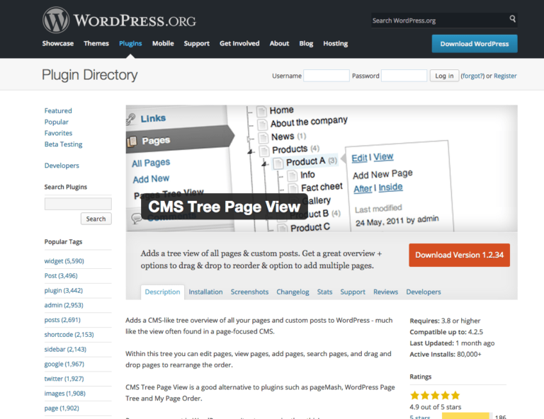 CMS Tree Page View　固定ページの記事一覧をツリー表示にできるプラグイン